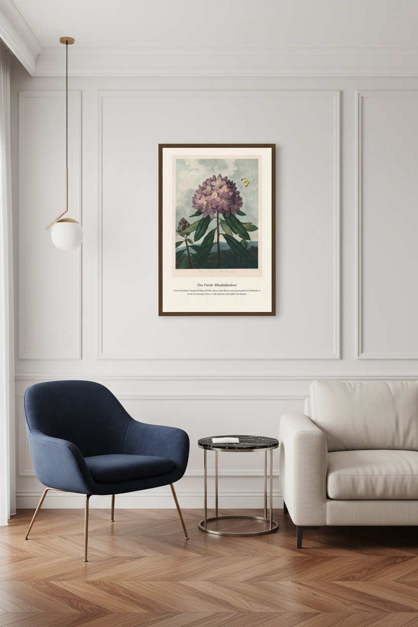A framed botanical art print of a pink flower with green leaves, displayed on a white paneled wall in a modern living room setting with a navy blue armchair, a cream sofa, and a small round side table.