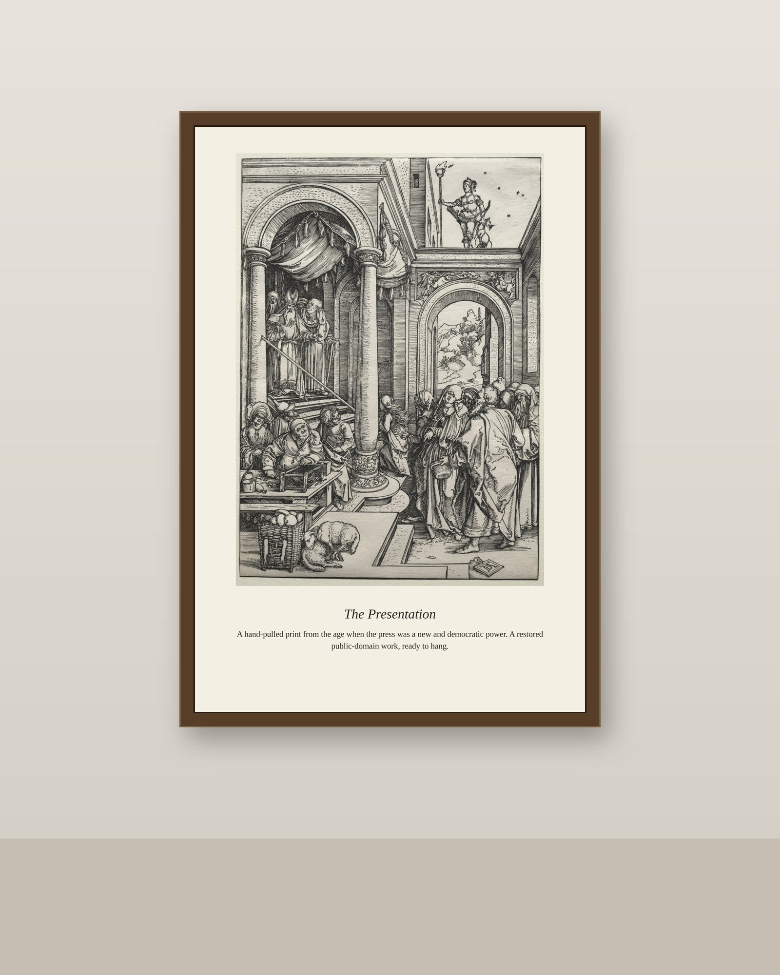 The Presentation antique art print shown framed on a wall in a styled room