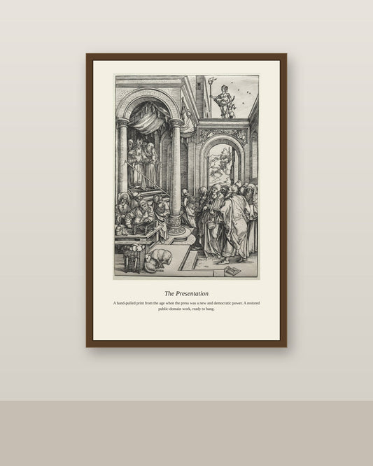 The Presentation antique art print shown framed on a wall in a styled room