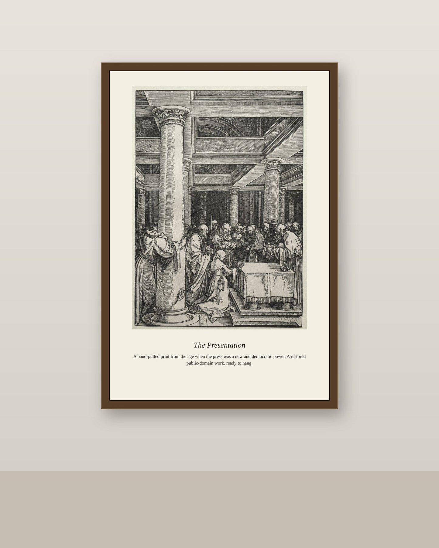 The Presentation (2) antique art print shown framed on a wall in a styled room