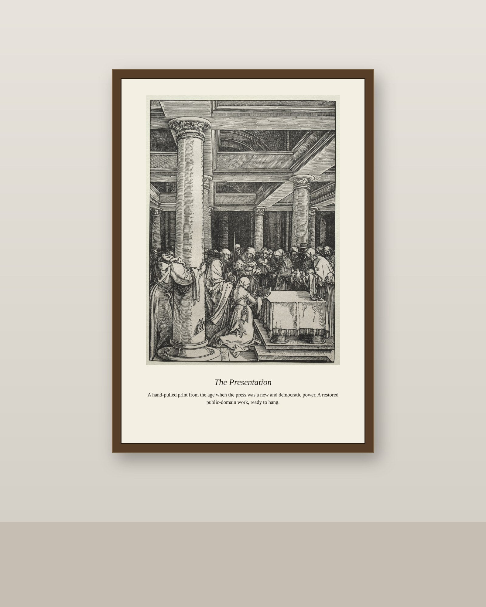 The Presentation (2) antique art print shown framed on a wall in a styled room