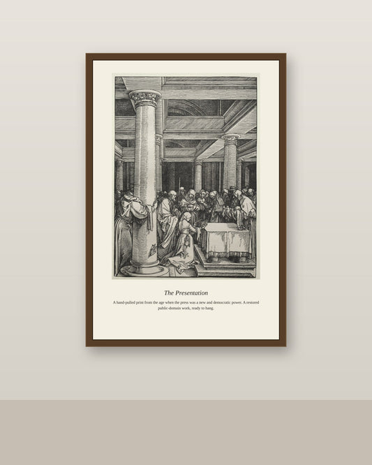The Presentation (2) antique art print shown framed on a wall in a styled room
