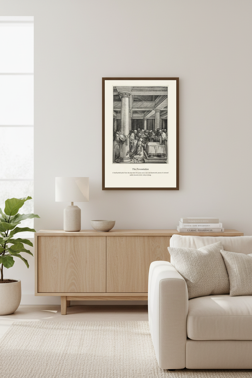 A framed black and white art print titled 'The Revolution' hangs on a light gray wall above a wooden sideboard in a modern, minimalist living room setting.
