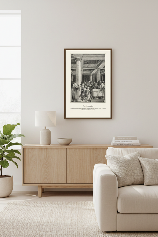 A framed black and white art print titled 'The Revolution' hangs on a light gray wall above a wooden sideboard in a modern, minimalist living room setting.