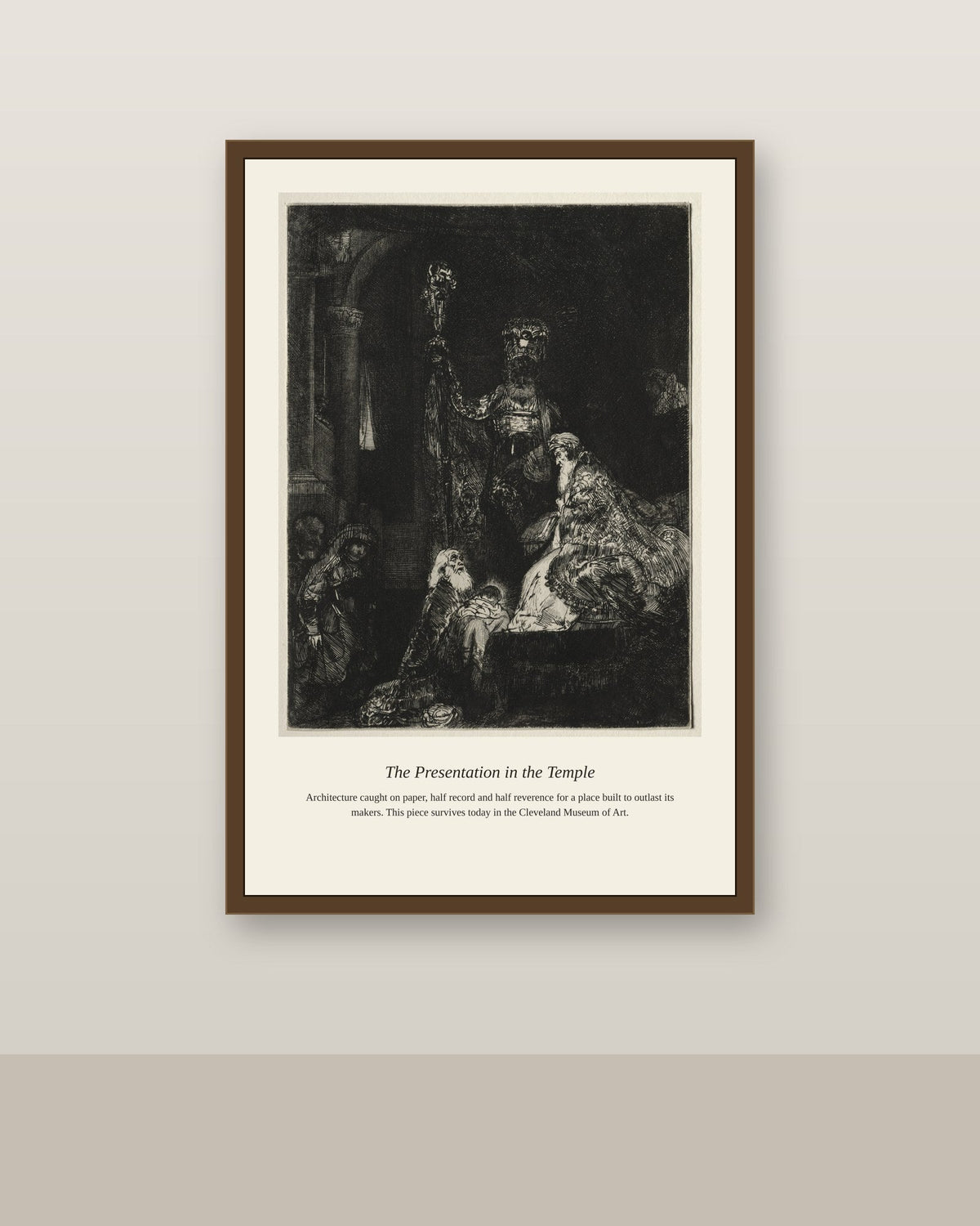 The Presentation in the Temple antique architectural print shown framed on a wall in a styled room