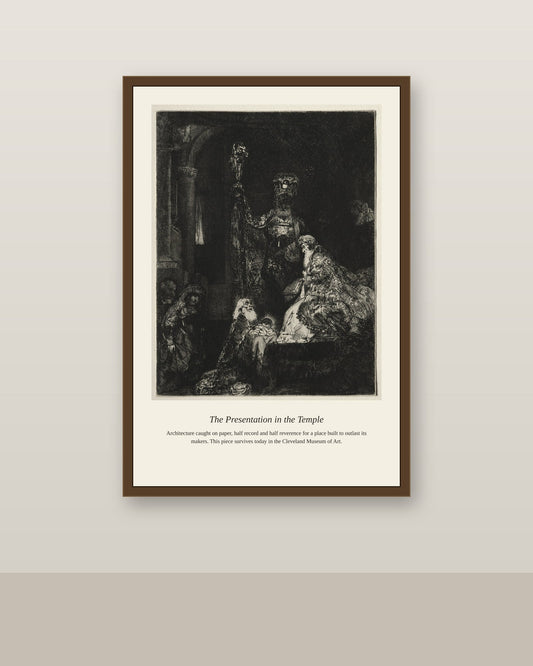 The Presentation in the Temple antique architectural print shown framed on a wall in a styled room