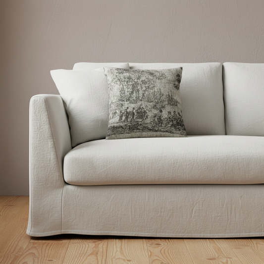 The Rape of Europa pillow resting against the back cushion of a white sofa