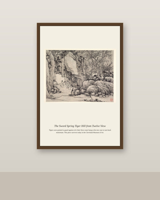 The Sword Spring Tiger Hill antique natural history print shown framed on a wall in a styled room