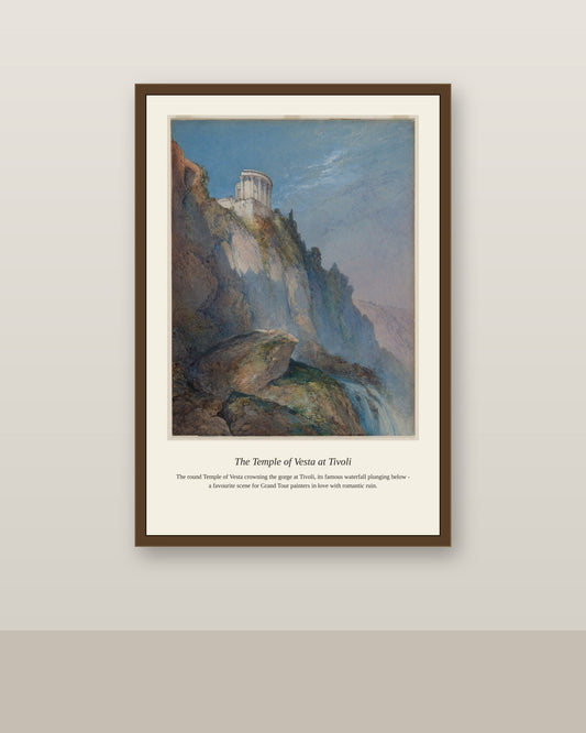 The Temple of Vesta at Tivoli antique landscape print shown framed on a wall in a styled room