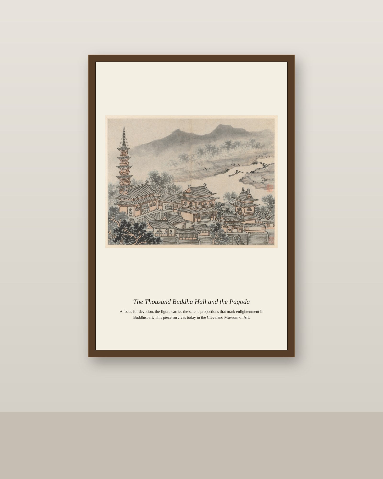 The Thousand Buddha Hall and the Pagoda antique religious art print shown framed on a wall in a styled room