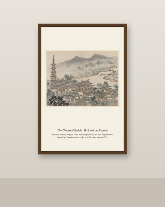 The Thousand Buddha Hall and the Pagoda antique religious art print shown framed on a wall in a styled room