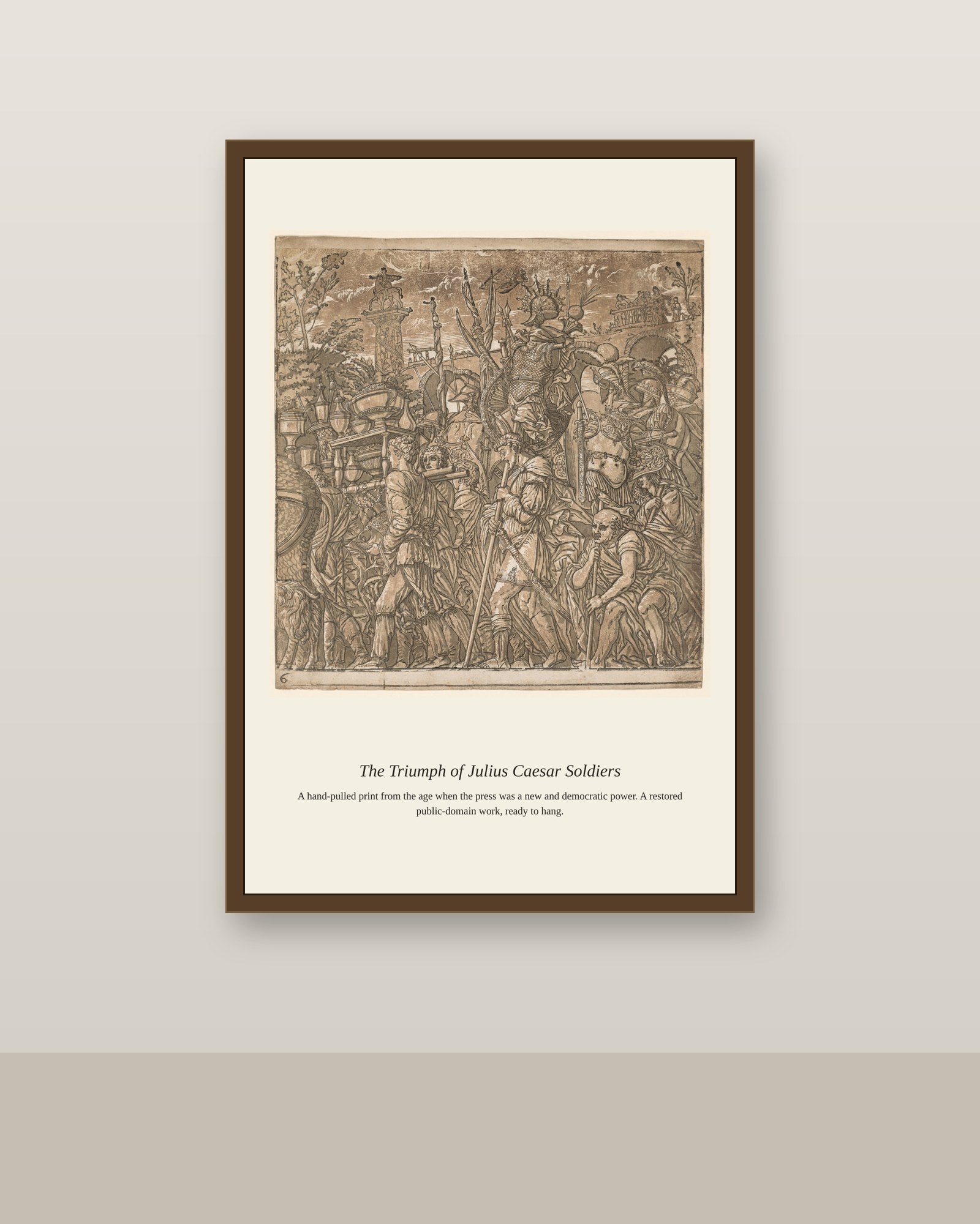 The Triumph of Julius Caesar Soldiers antique historical print shown framed on a wall in a styled room