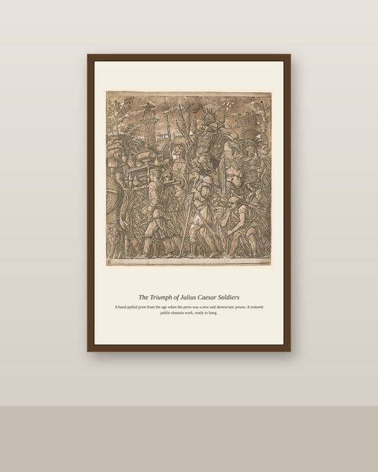 The Triumph of Julius Caesar Soldiers antique historical print shown framed on a wall in a styled room
