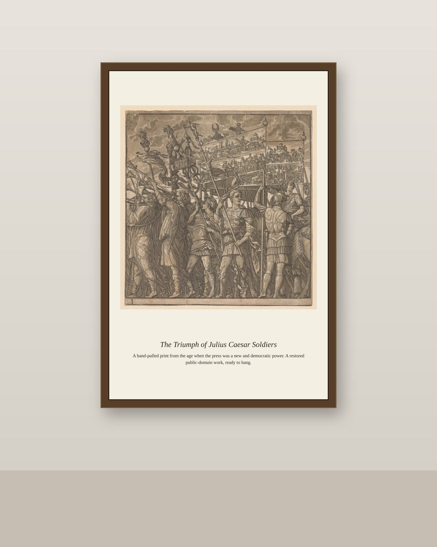 The Triumph of Julius Caesar Soldiers (3) antique historical print shown framed on a wall in a styled room