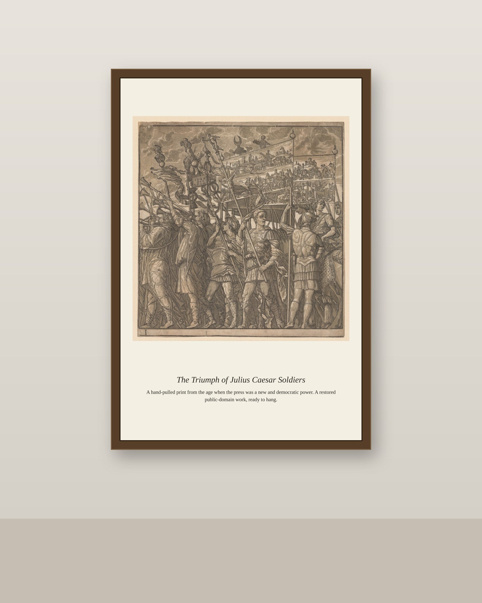 The Triumph of Julius Caesar Soldiers (3) antique historical print shown framed on a wall in a styled room