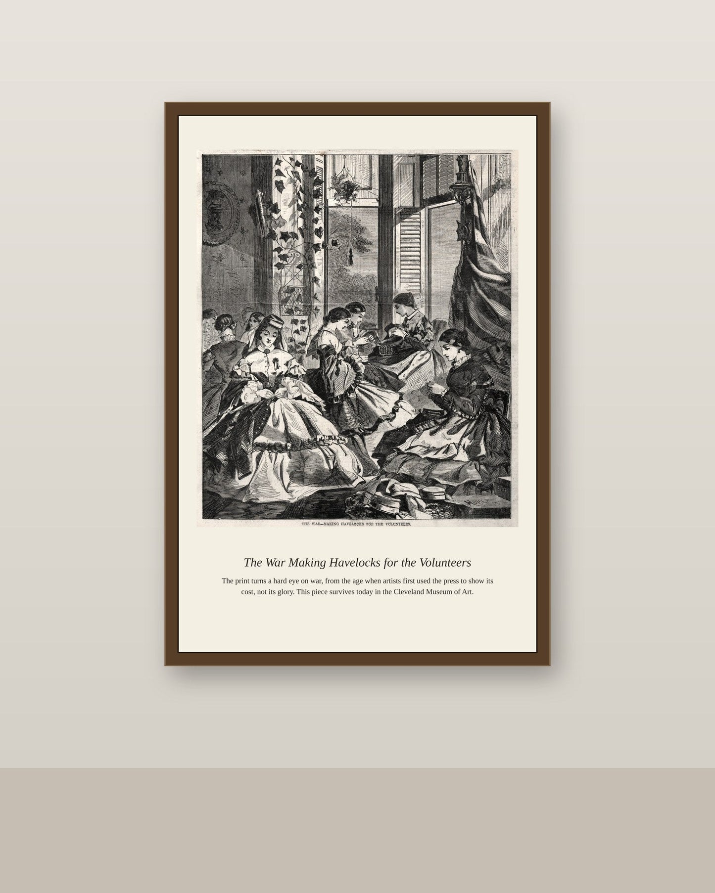 The War Making Havelocks for the Volunteers antique historical print shown framed on a wall in a styled room