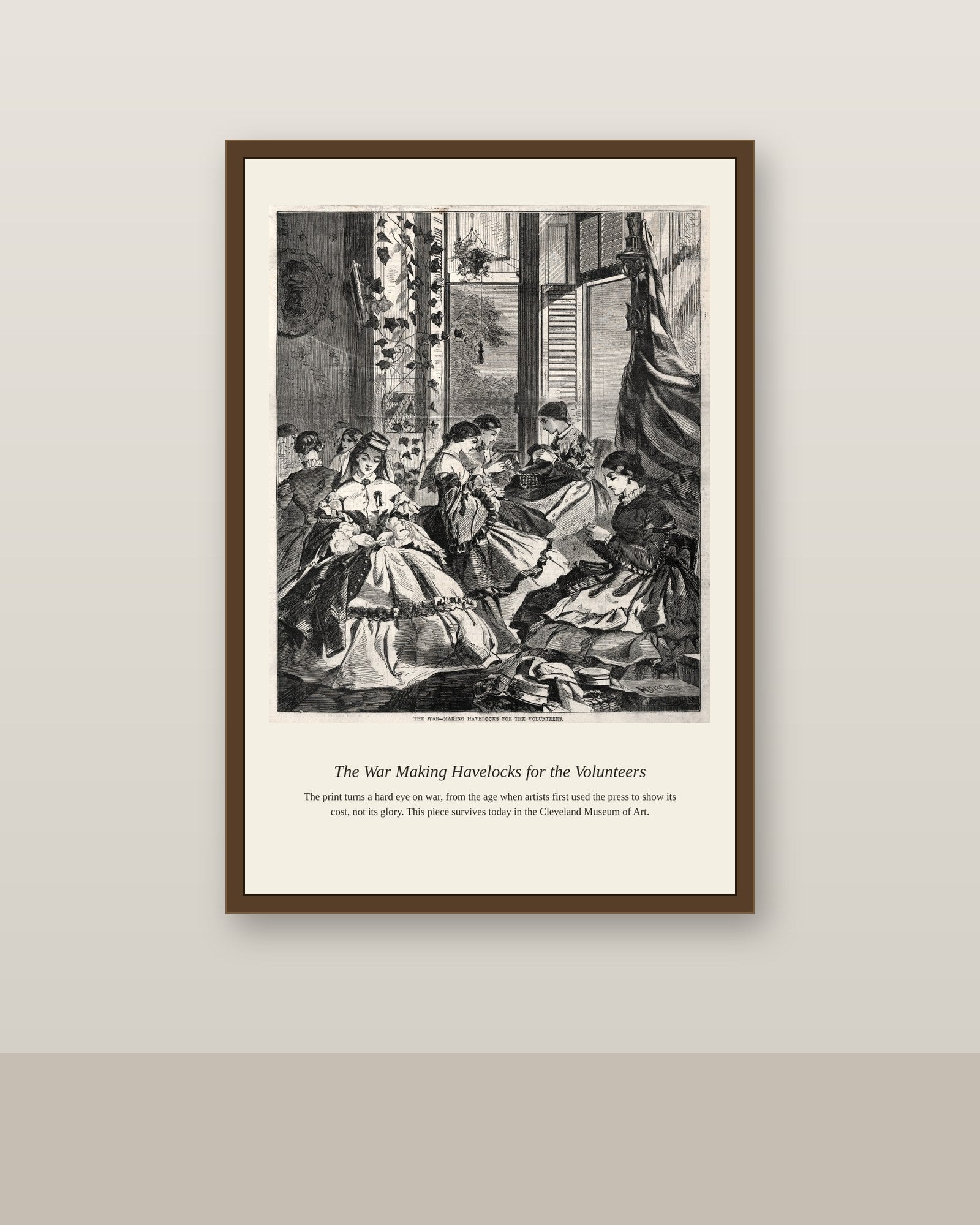 The War Making Havelocks for the Volunteers antique historical print shown framed on a wall in a styled room