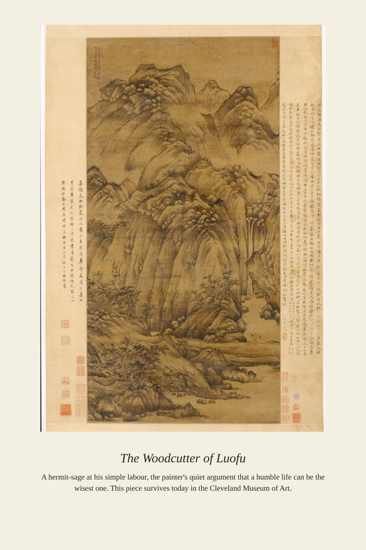 The Woodcutter of Luofu antique Chinese ink landscape towering misty mountains pines waterfall calligraphy red seals