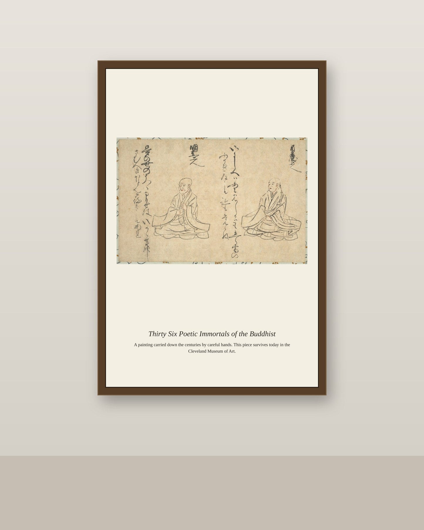 Thirty Six Poetic Immortals antique religious art print shown framed on a wall in a styled room