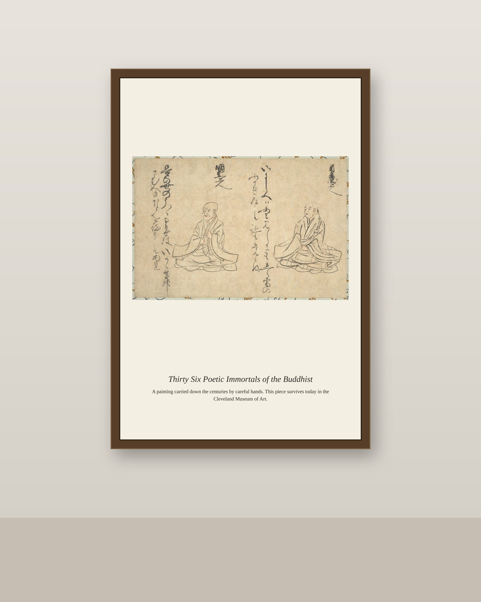 Thirty Six Poetic Immortals antique religious art print shown framed on a wall in a styled room