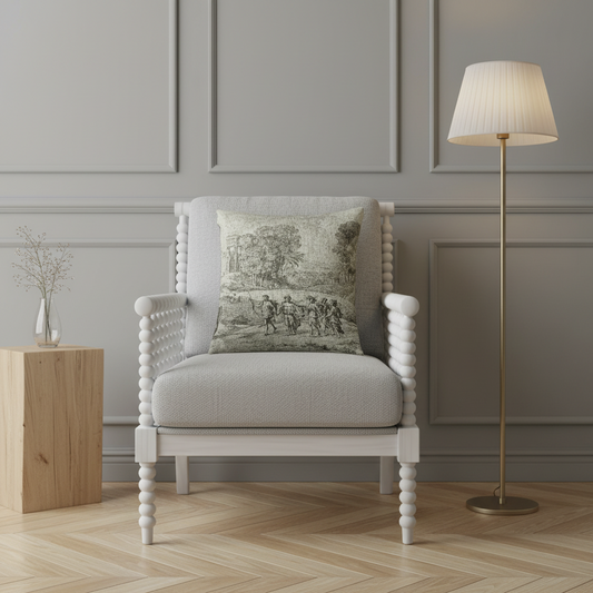 A light gray upholstered armchair with turned spindle-style legs and arms, styled with a square decorative throw pillow featuring a vintage landscape scene. The chair is set in a styled room with gray paneled walls, a light wood floor, a small wooden side table with a vase, and a floor lamp.