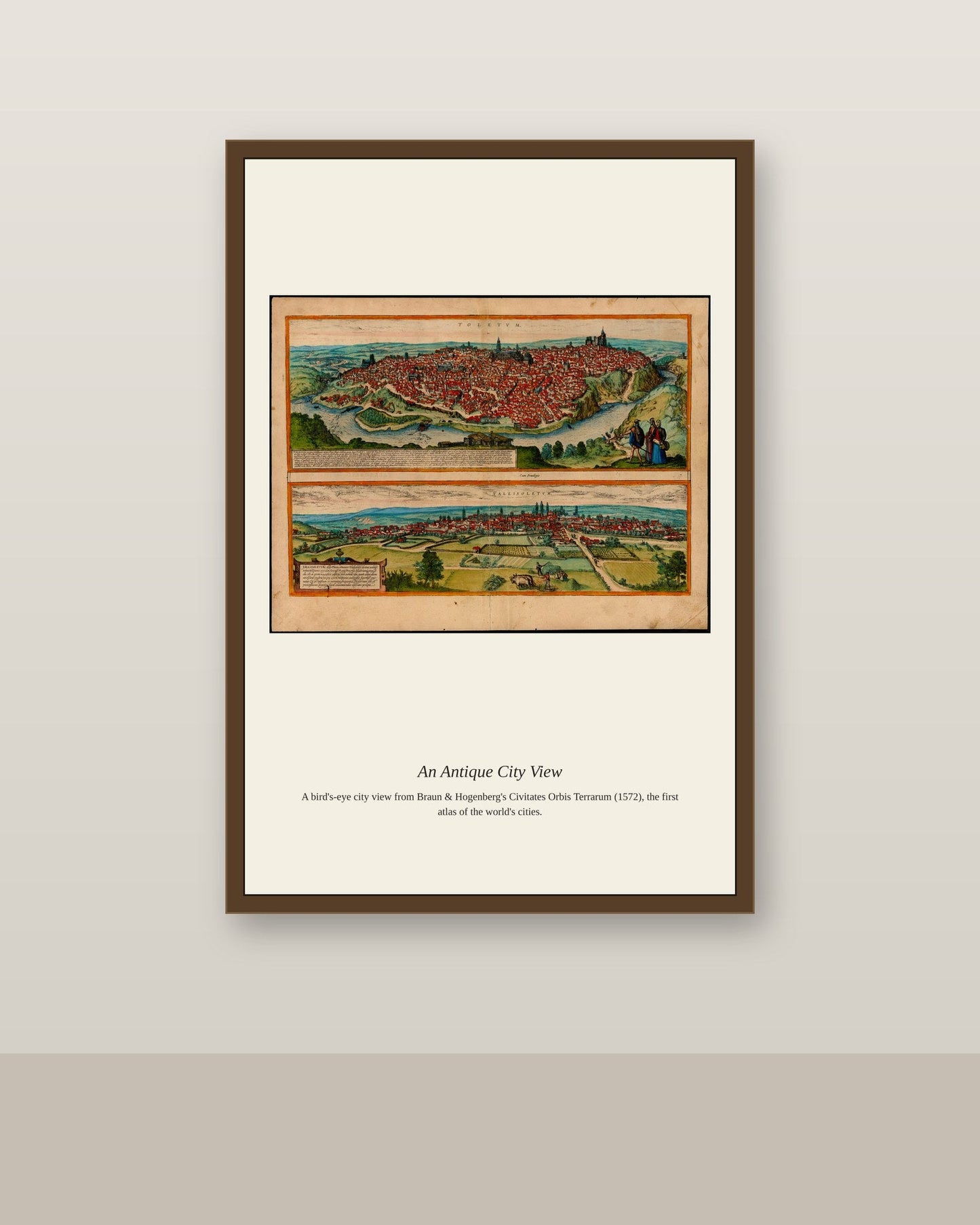 Toledo antique city map print shown framed on a wall in a styled room