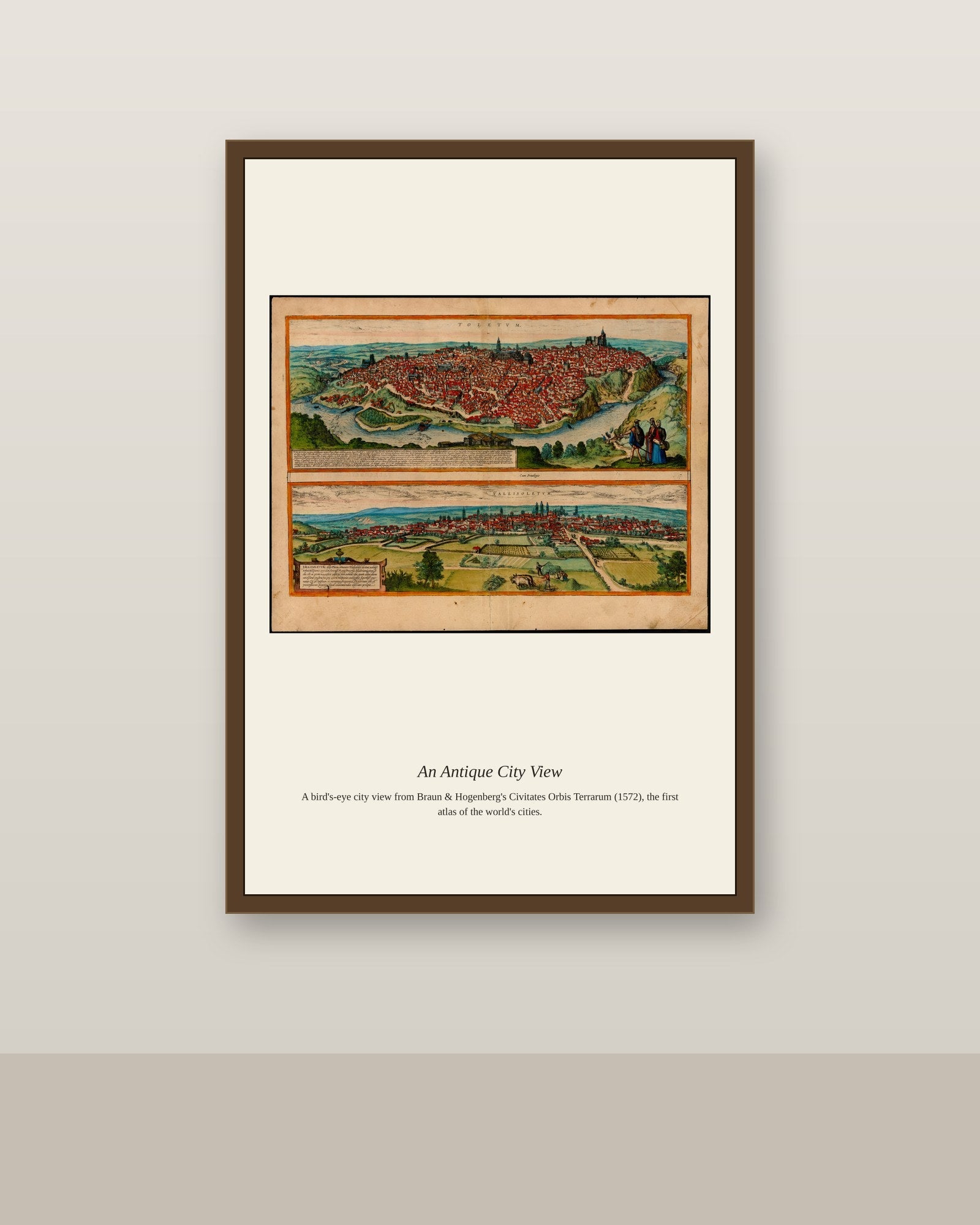 Toledo antique city map print shown framed on a wall in a styled room