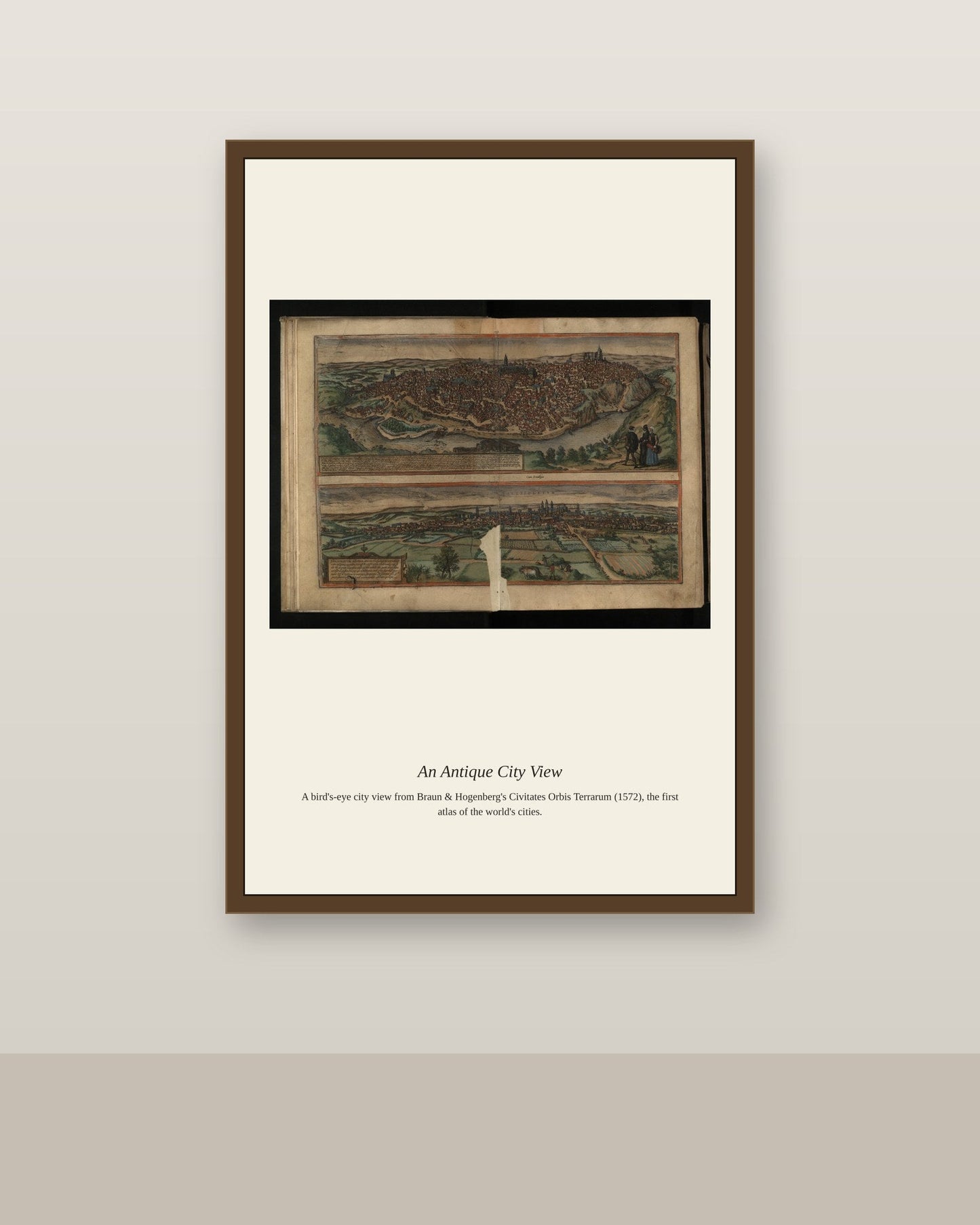 Toledo (2) antique city map print shown framed on a wall in a styled room