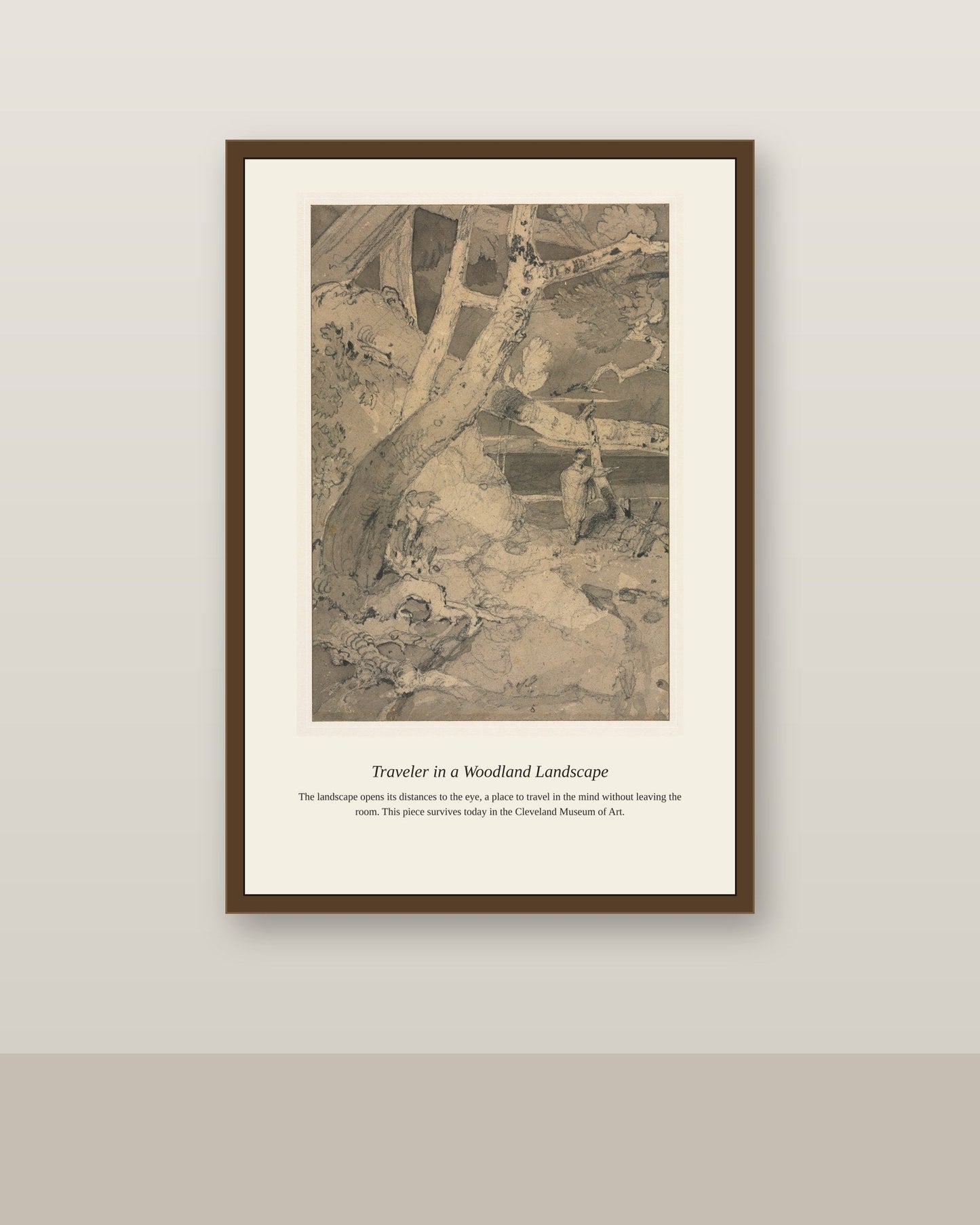 Traveler in a Woodland Landscape antique landscape print shown framed on a wall in a styled room