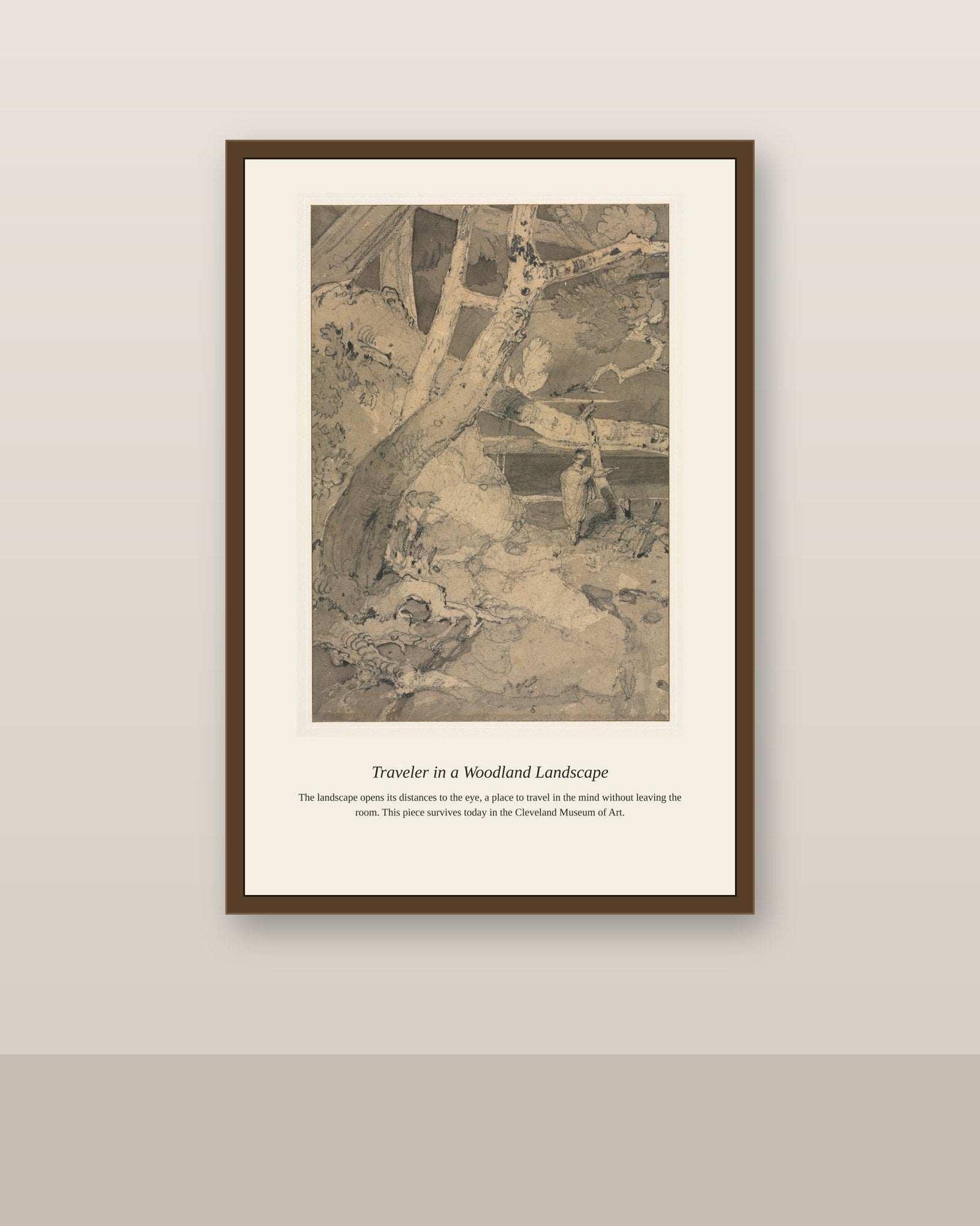 Traveler in a Woodland Landscape antique landscape print shown framed on a wall in a styled room