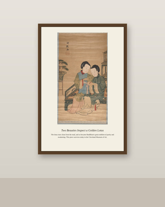Two Beauties Inspect a Golden Lotus antique botanical print shown framed on a wall in a styled room