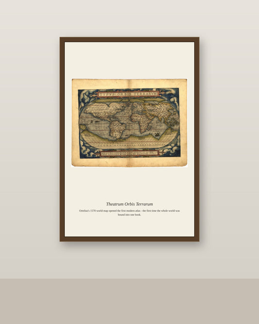 Typus Orbis Terrarum antique world map print shown framed on a wall in a styled room