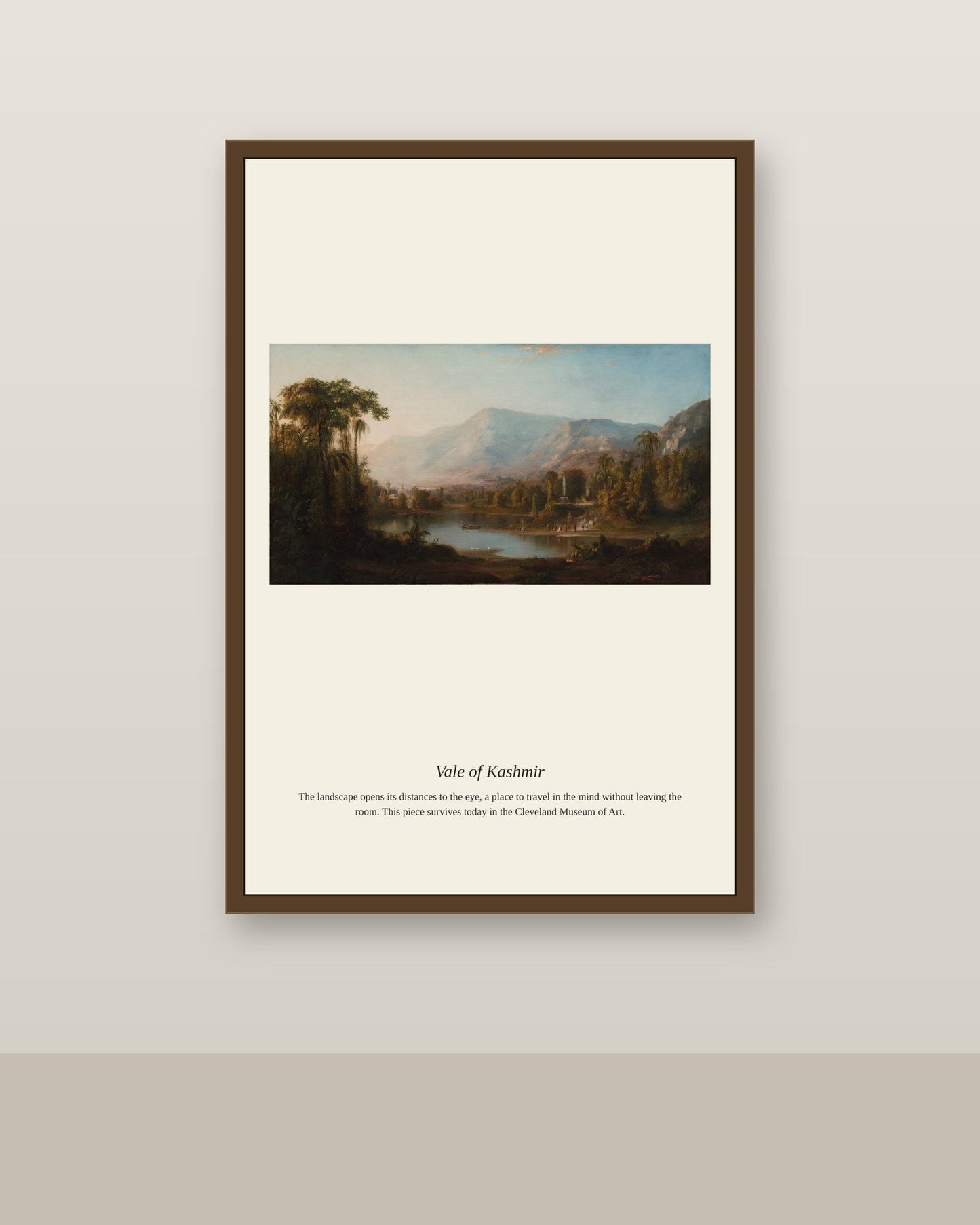 Vale of Kashmir antique landscape print shown framed on a wall in a styled room
