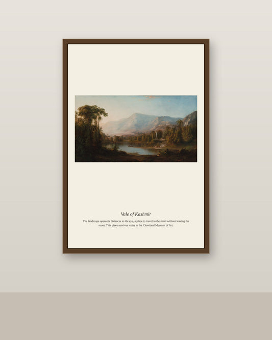 Vale of Kashmir antique landscape print shown framed on a wall in a styled room