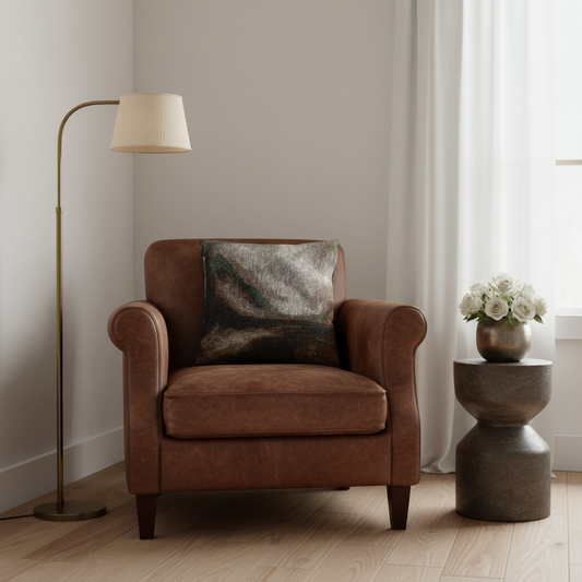 A brown leather armchair with a textured dark throw pillow, styled in a cozy room corner next to a brass floor lamp and a small side table with white flowers.