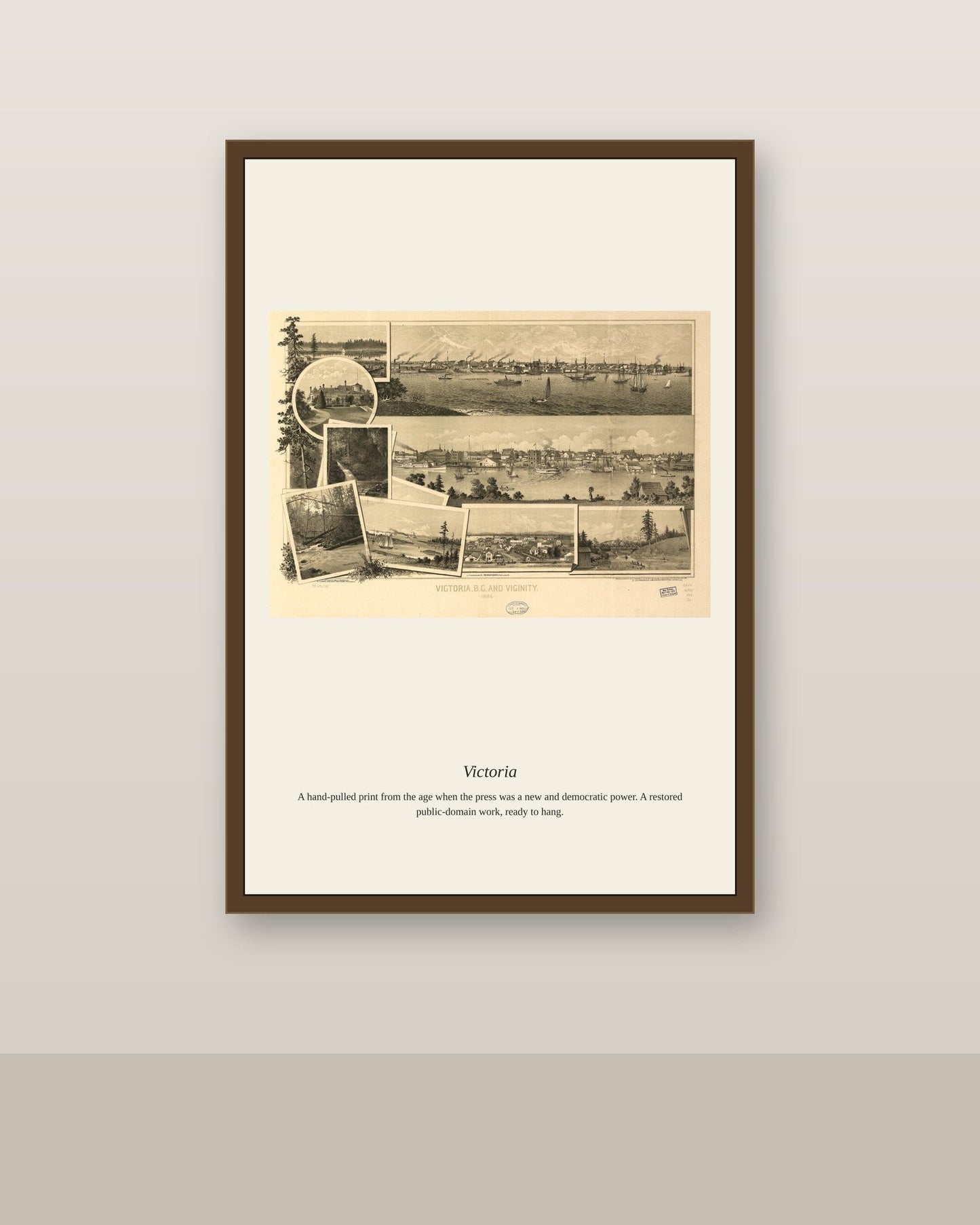 Victoria antique map print shown framed on a wall in a styled room