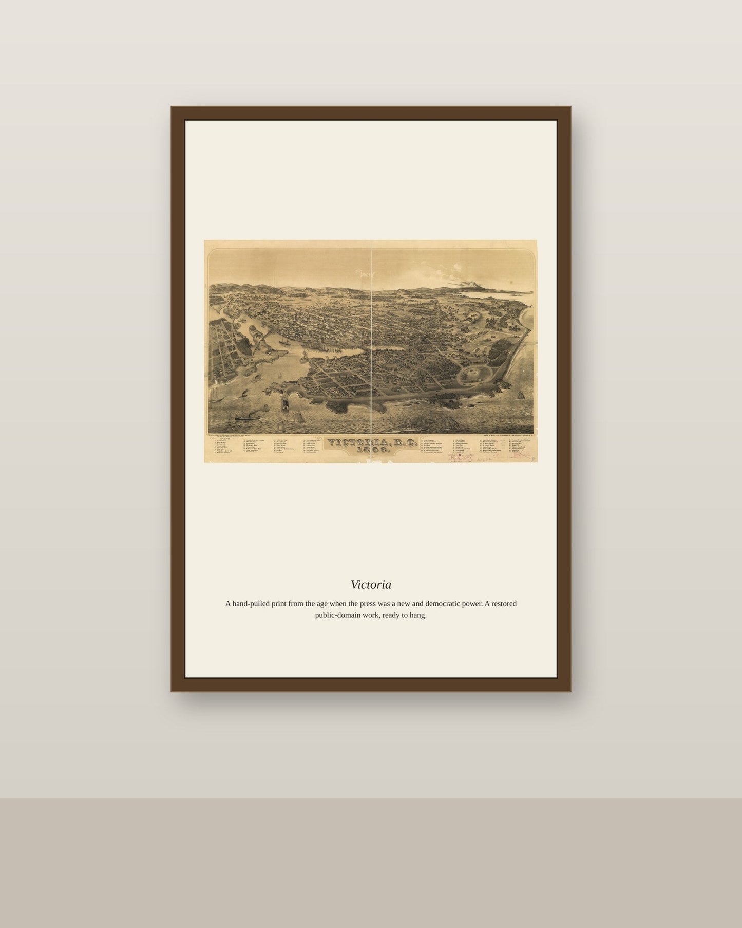 Victoria (2) antique map print shown framed on a wall in a styled room