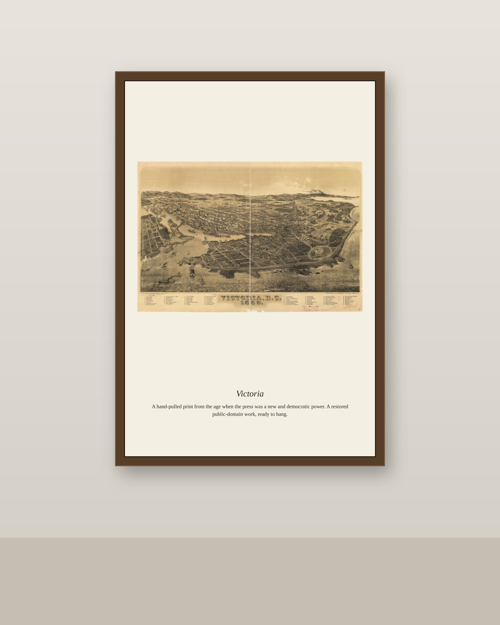 Victoria (2) antique map print shown framed on a wall in a styled room