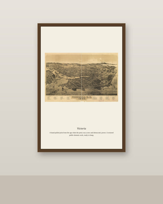 Victoria (2) antique map print shown framed on a wall in a styled room