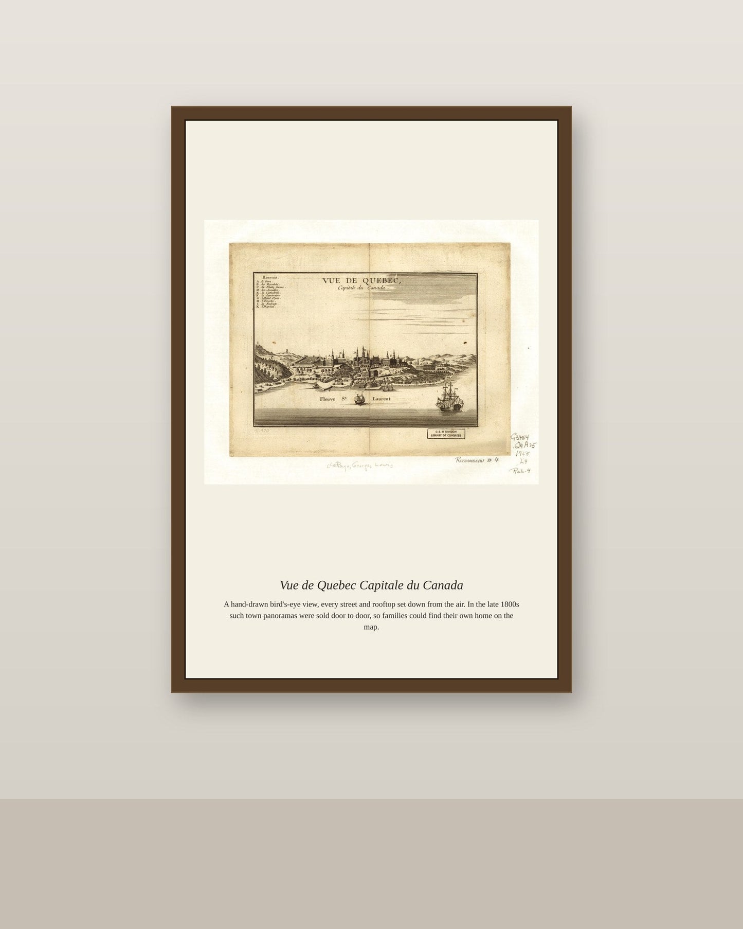 Vue de Quebec Capitale du Canada antique map print shown framed on a wall in a styled room