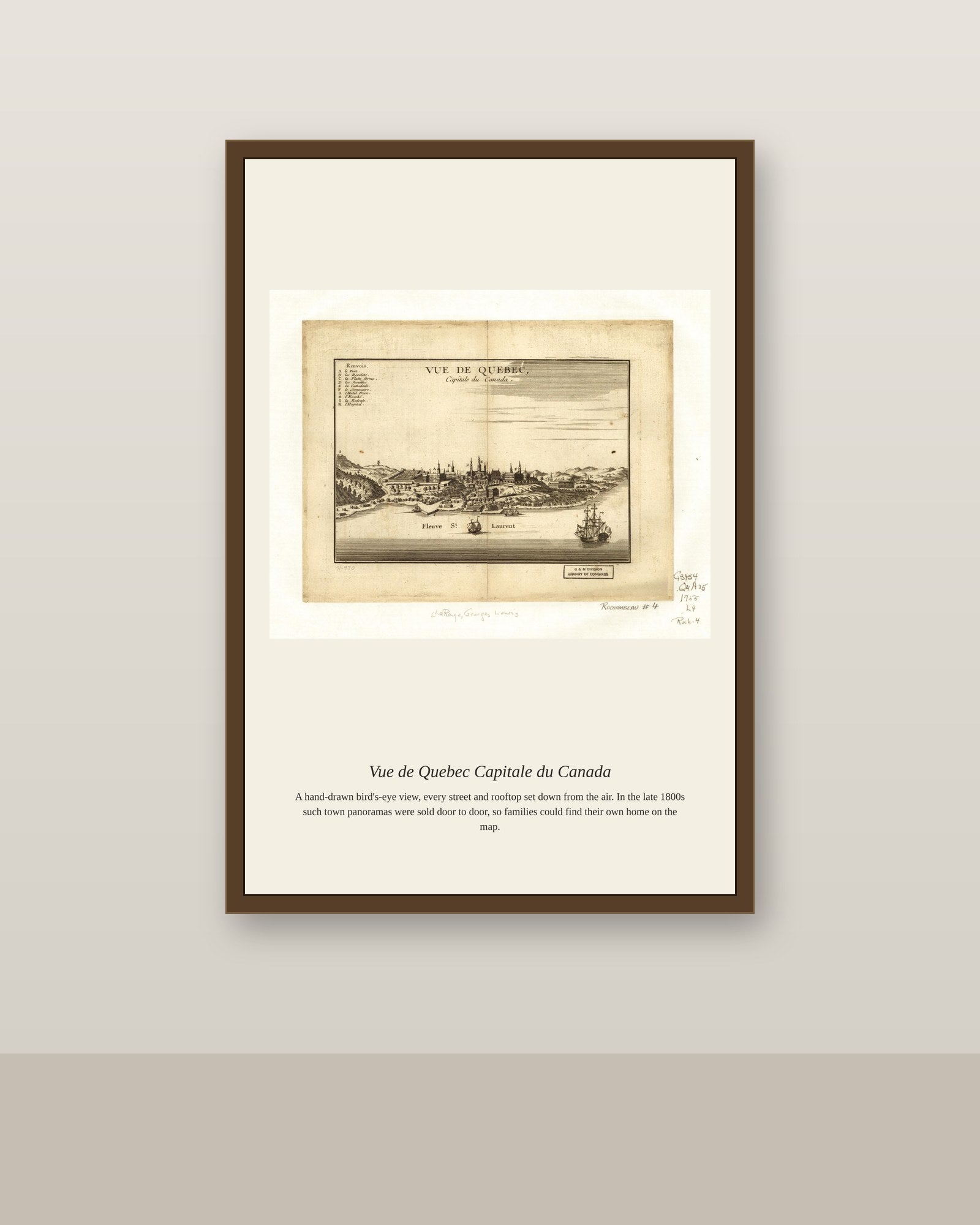 Vue de Quebec Capitale du Canada antique map print shown framed on a wall in a styled room