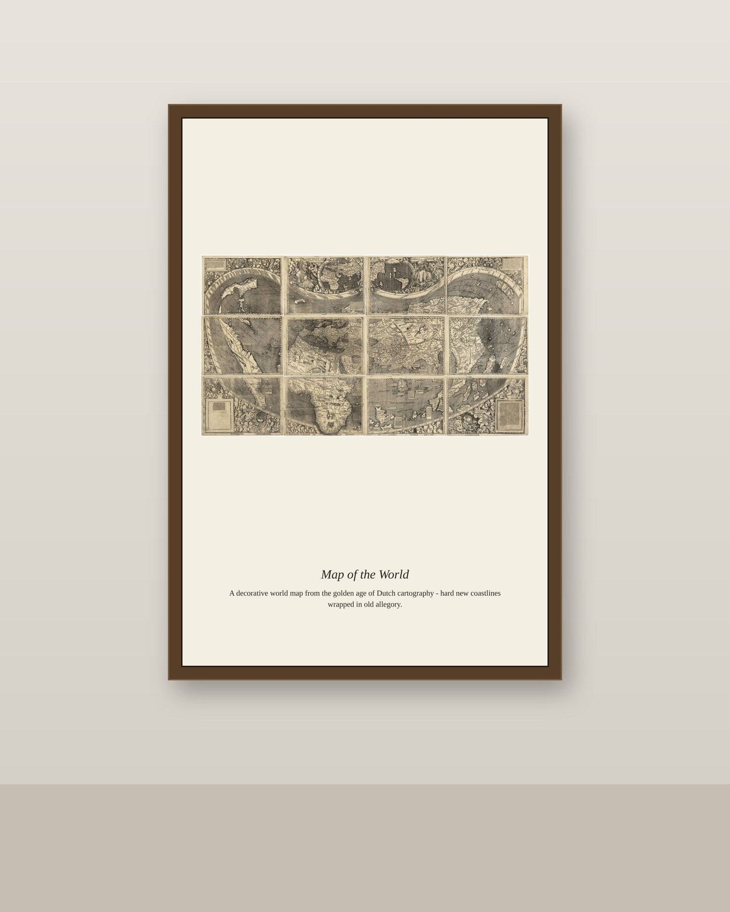 Waldseemuller Map antique world map print shown framed on a wall in a styled room