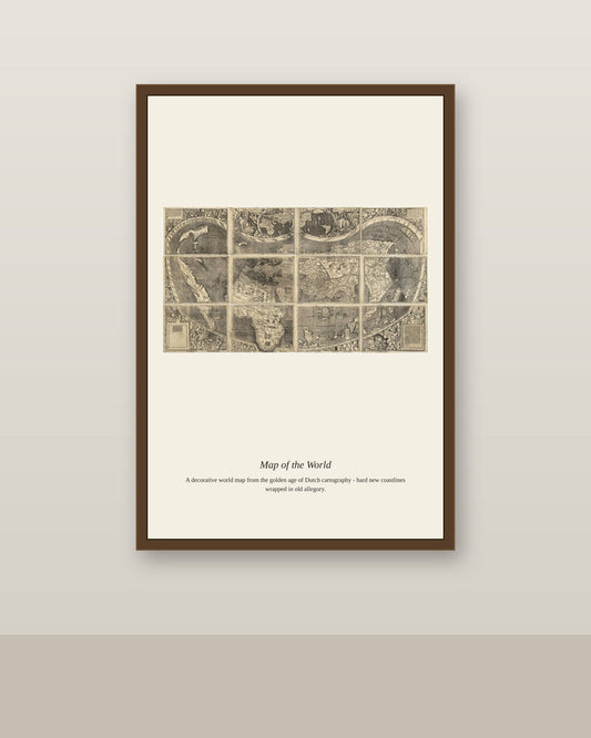 Waldseemuller Map antique world map print shown framed on a wall in a styled room