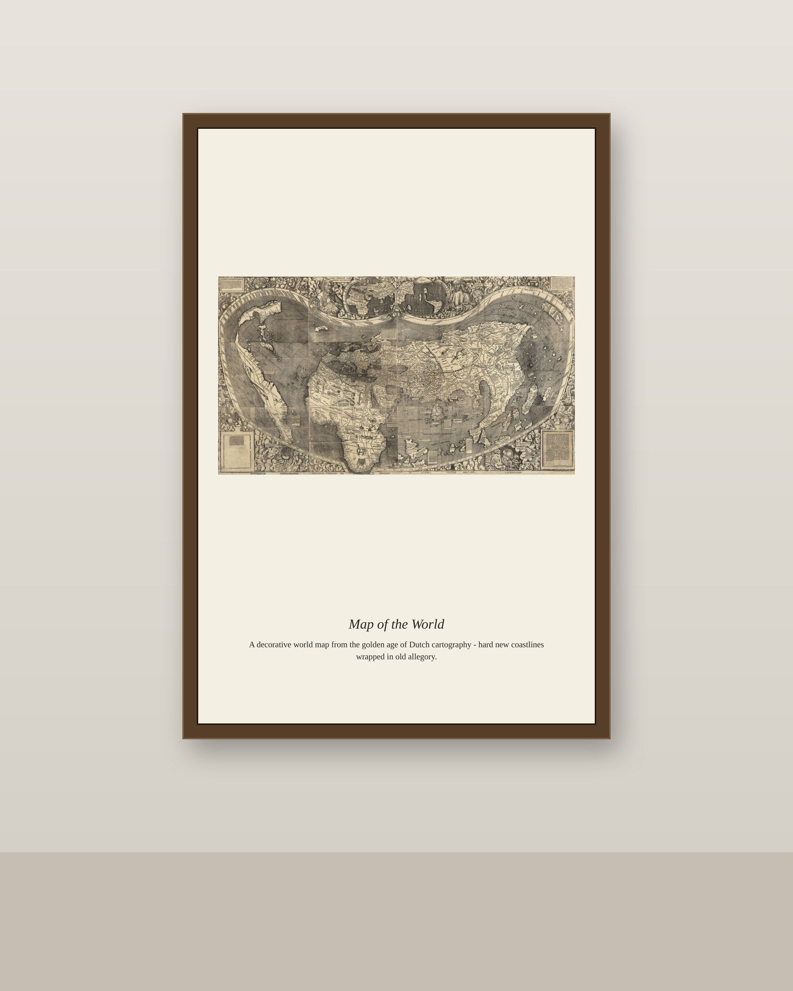 Waldseemuller World Map antique world map print shown framed on a wall in a styled room