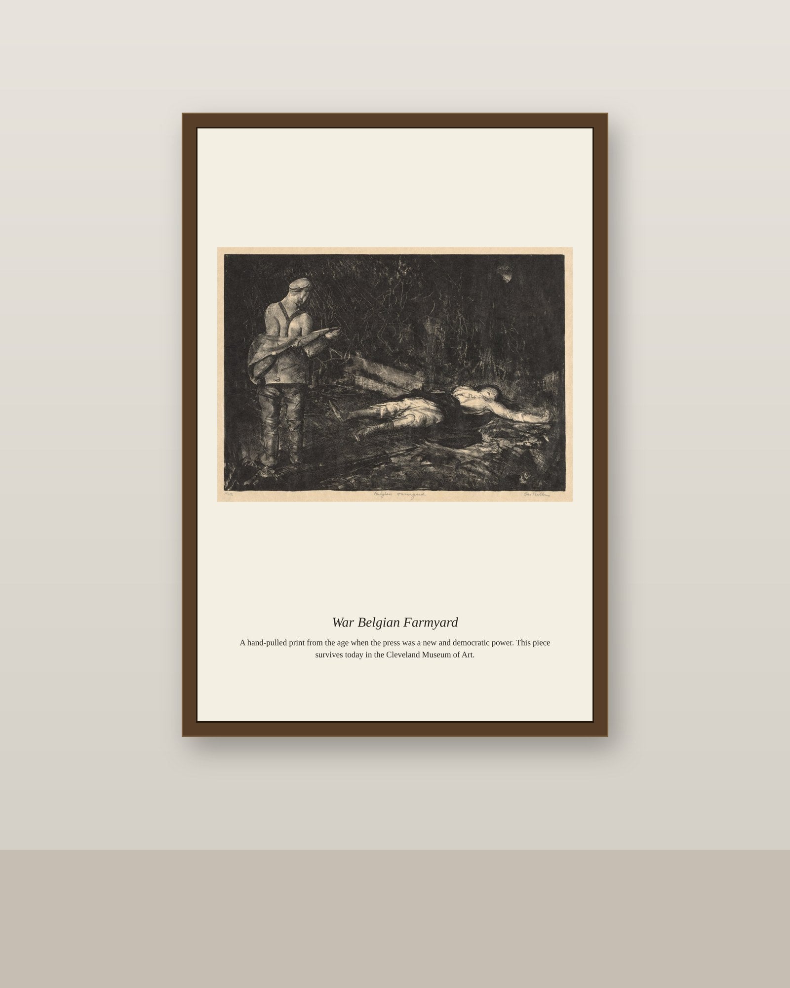 War Belgian Farmyard antique historical print shown framed on a wall in a styled room