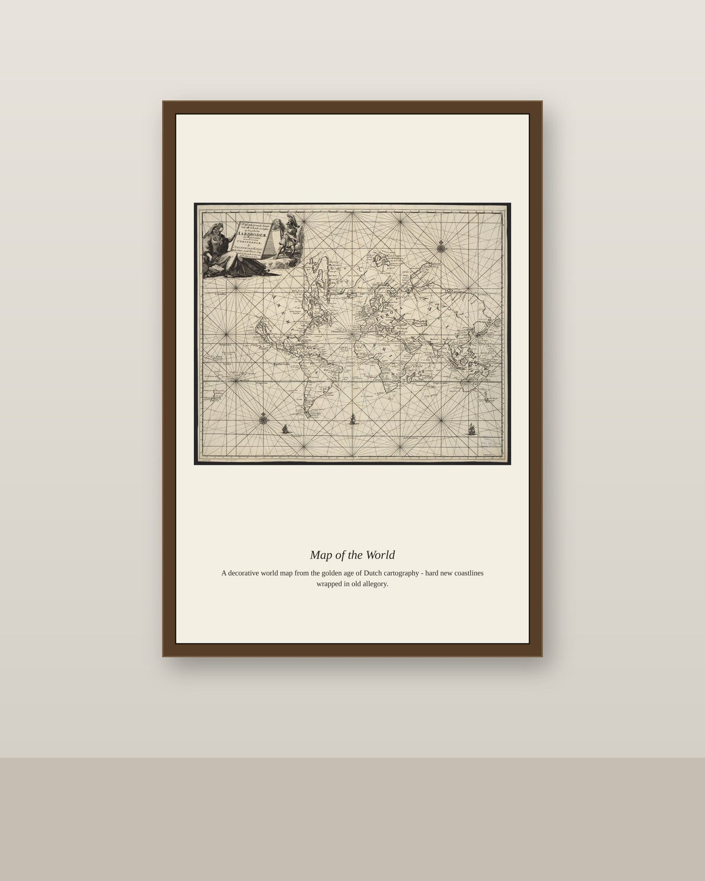 Wassende Graade Kaart Van Alle Bekende Zeekusten antique art print shown framed on a wall in a styled room