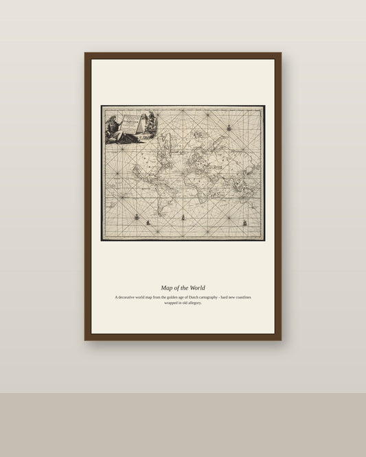 Wassende Graade Kaart Van Alle Bekende Zeekusten antique art print shown framed on a wall in a styled room