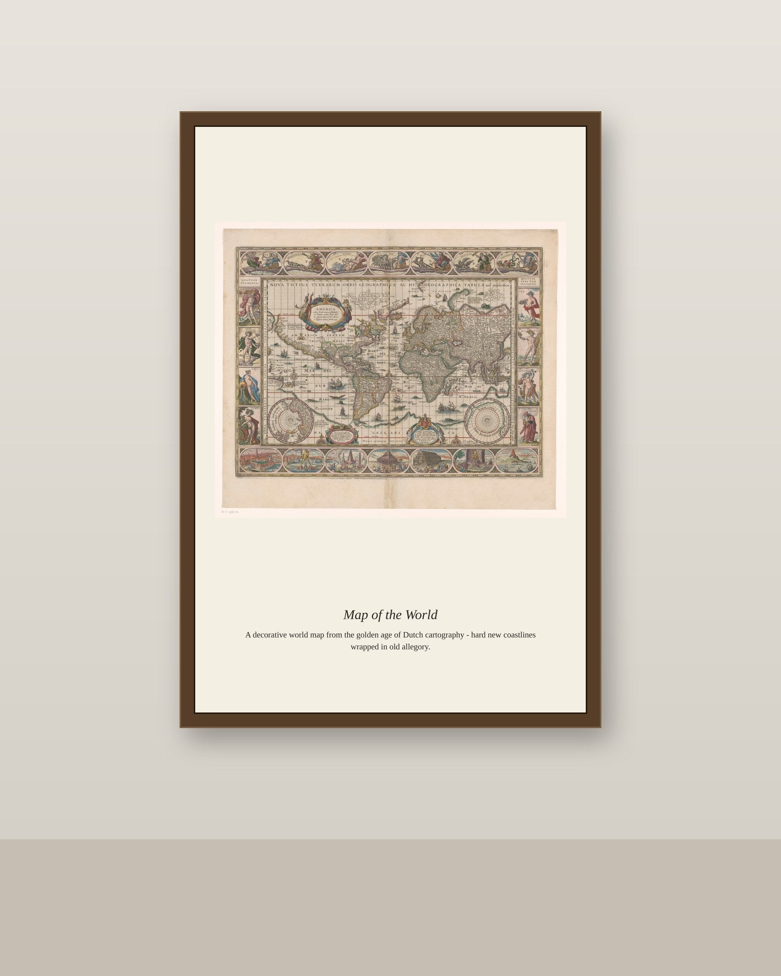 Wereldkaart Met Decoratieve Randen Nova antique world map print shown framed on a wall in a styled room