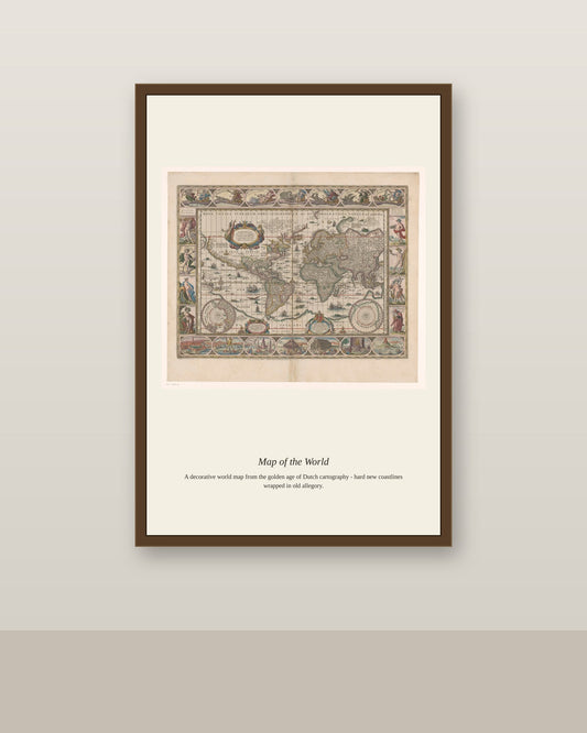 Wereldkaart Met Decoratieve Randen Nova antique world map print shown framed on a wall in a styled room