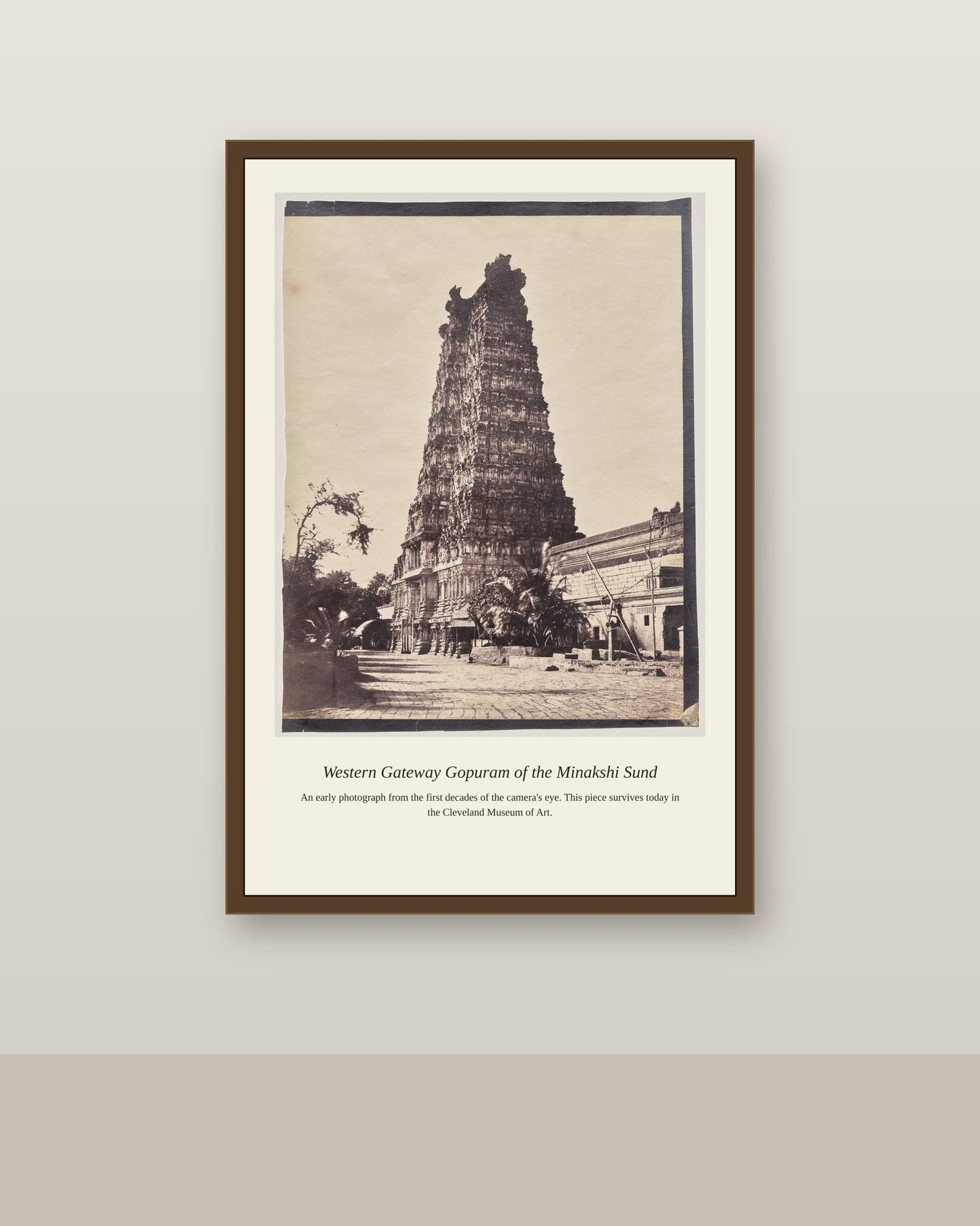Western Gateway Gopuram of the Minakshi antique architectural print shown framed on a wall in a styled room